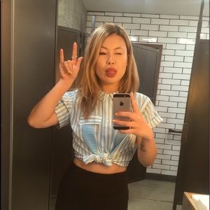 Vintage 70s turquoise striped button up blouse